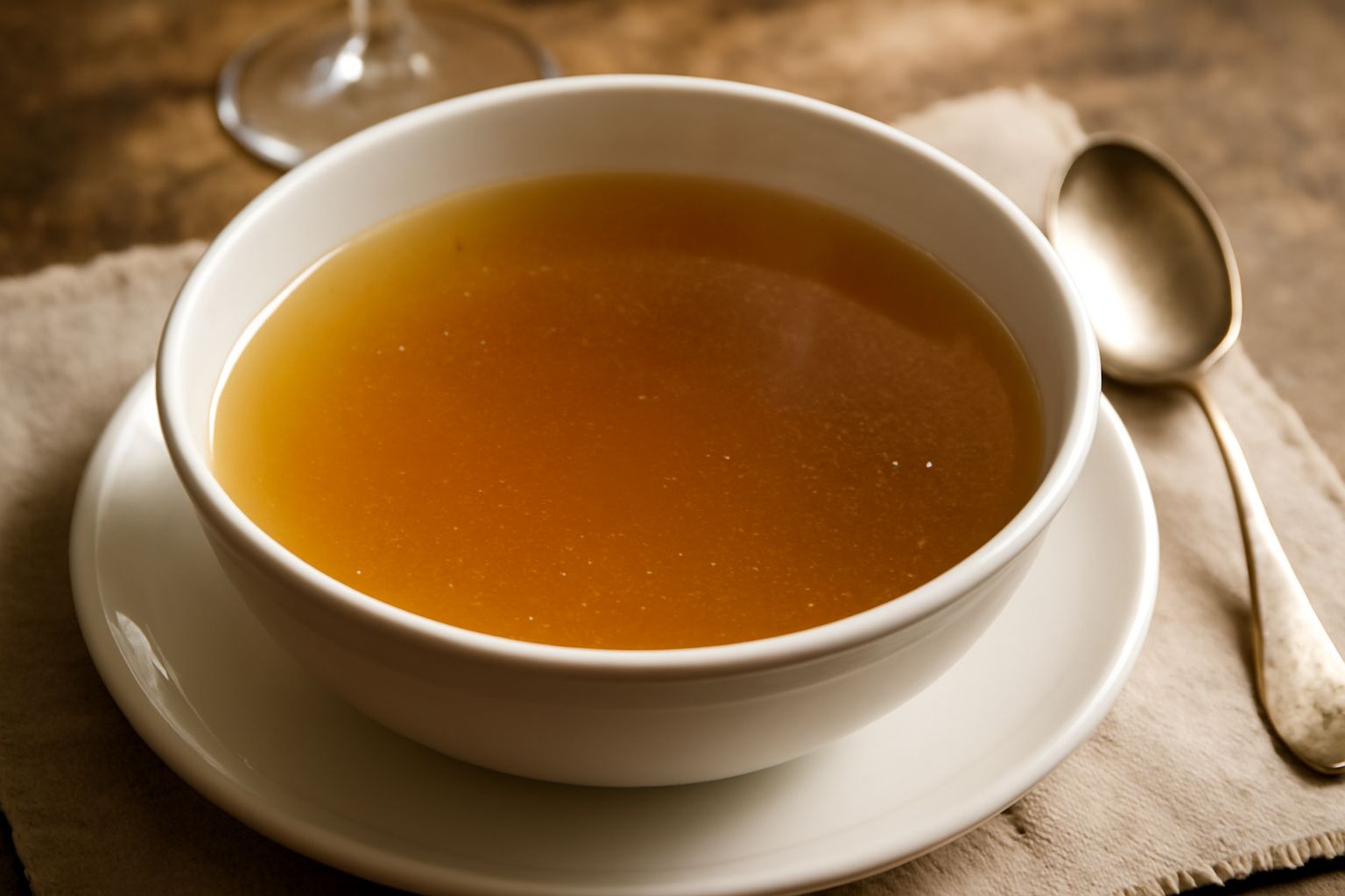 Una tazza bianca di porcellana con brodo dorato e trasparente, guarnito con sottili striscioline di carne bianca e un filo d'olio, su un tavolo di legno naturale con una cucchiaiata accanto