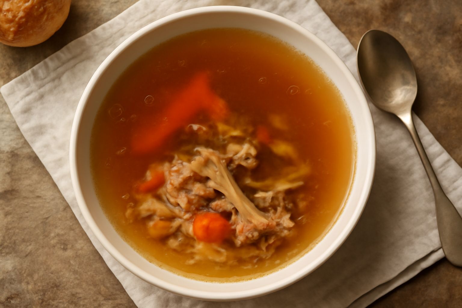 Pentola in acciaio con brodo trasparente e dorato, carcassa di pollo semi-sommersa, carota, sedano e cipolla intorno, cucchiaio di legno poggiato sul bordo
