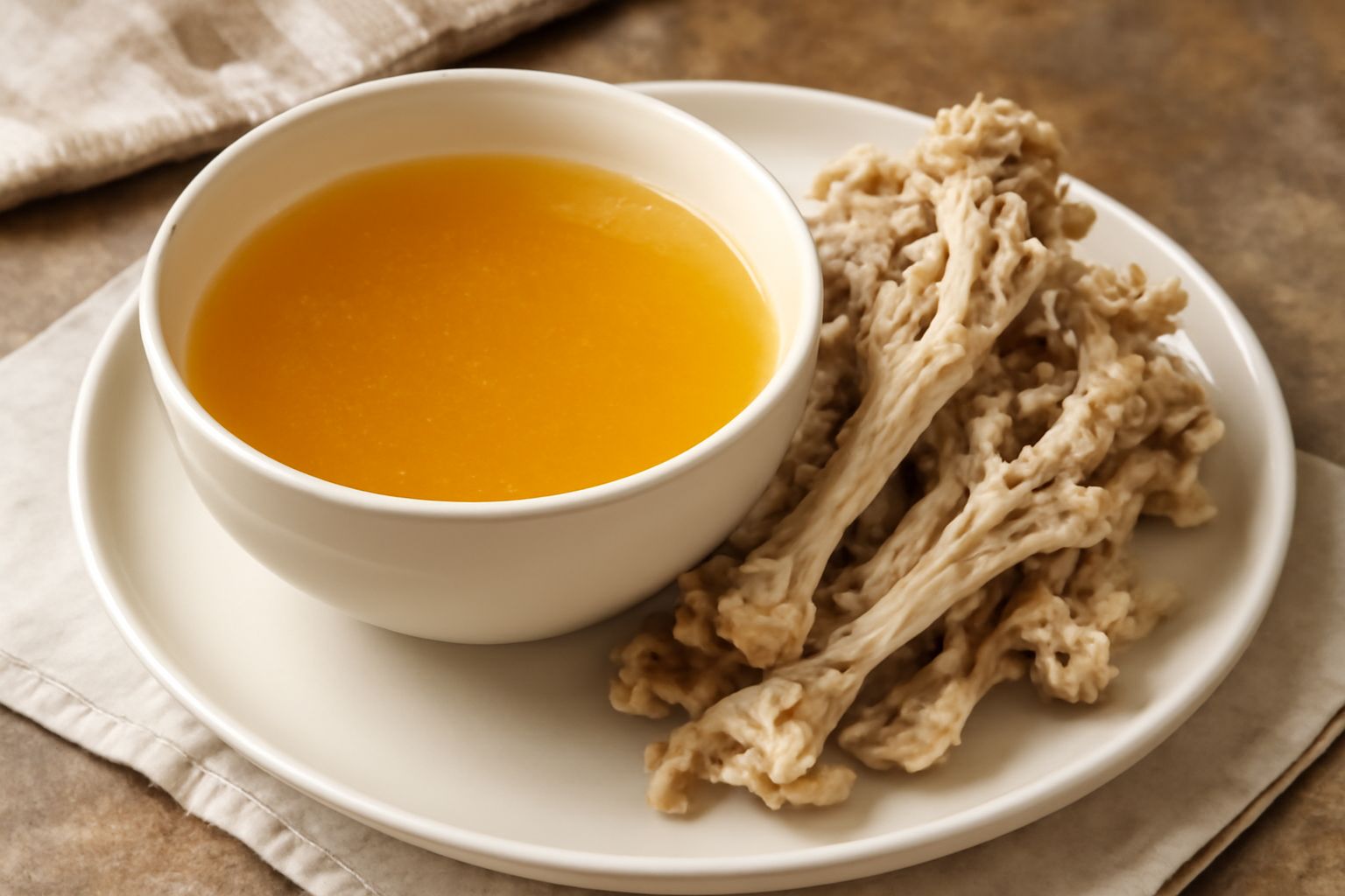 Brodo trasparente di colore giallo ambrato in una ciotola bianca, con vapore caldo che sale, accompagnato da una carcassa di pollo crudo accanto e verdure tagliate a grossi pezzi