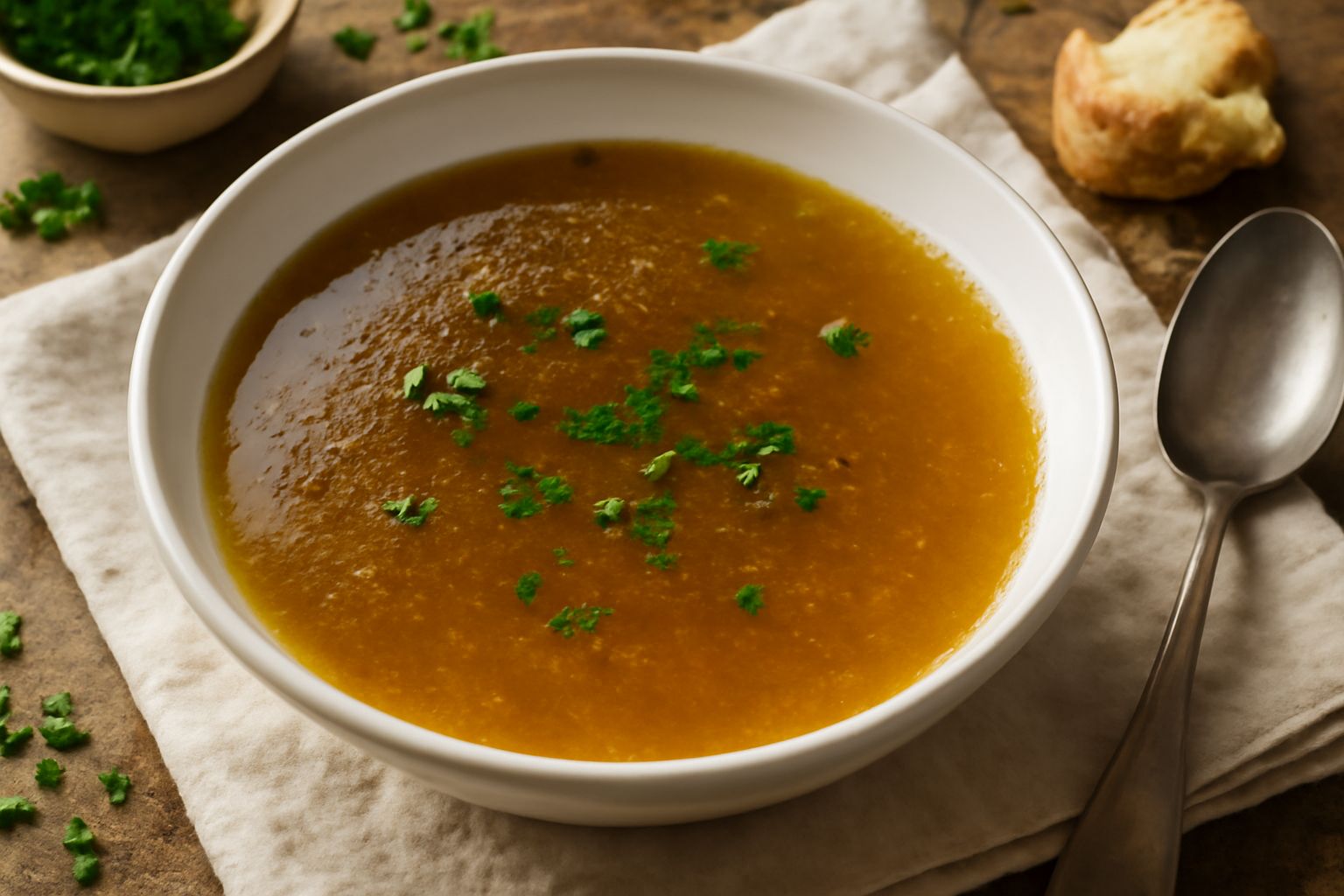 Pentola di brodo di carne trasparente e dorato, con vapore che sale, accompagnato da ossa bovine crude, carote e sedano sul fondo, con cucchiaio di legno poggiato sul bordo