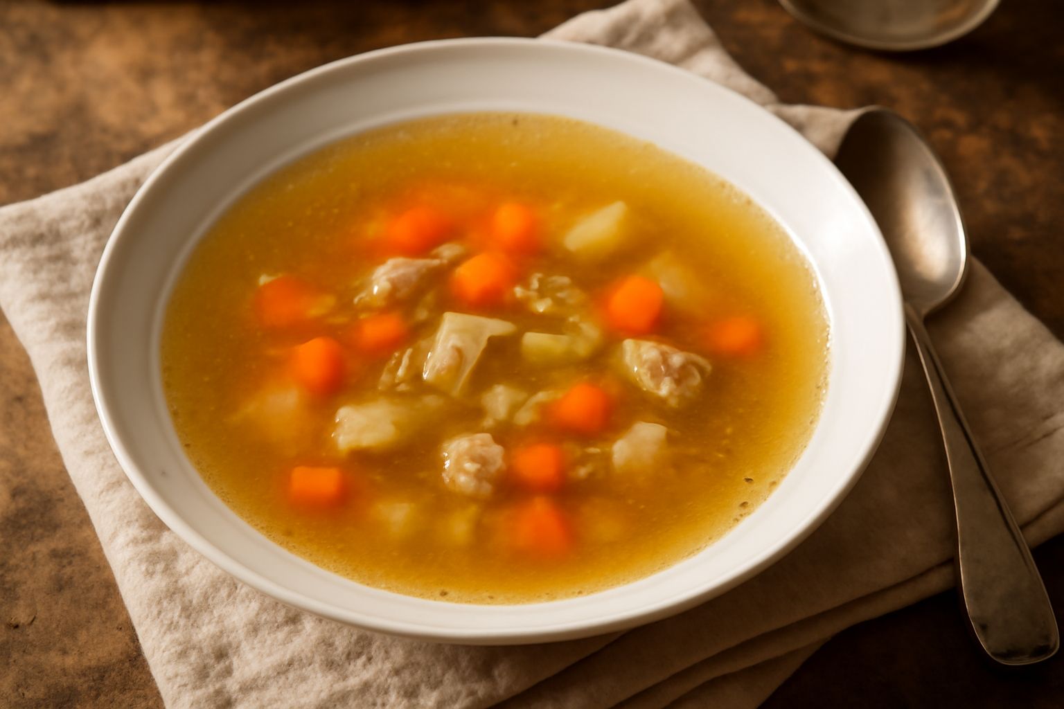 Una pentola di acciaio con brodo di carne dorato e trasparente, leggermente fumante, con pezzi di carota, sedano e cipolla visibili, fiamma moderata sotto il fuoco, tavolo di cucina bianco