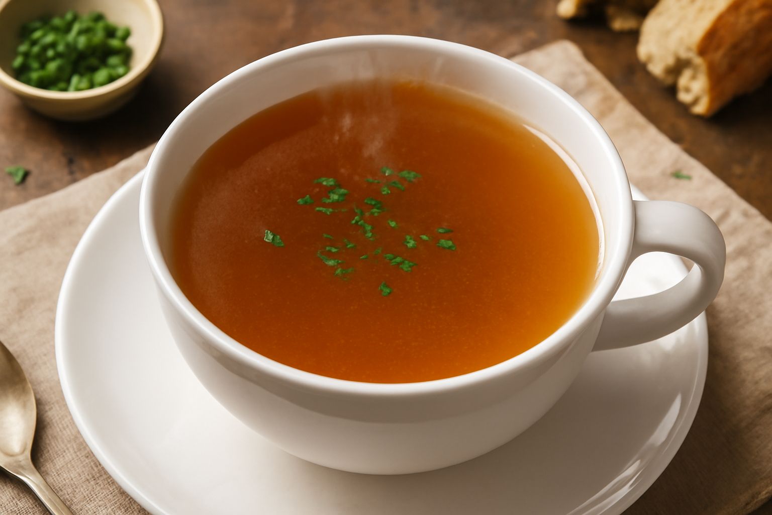 Tazza di brodo di carne trasparente e dorato, fumante, con un cucchiaio di metallo immerso, su tavolo di legno con accanto cipolle e carote tagliate