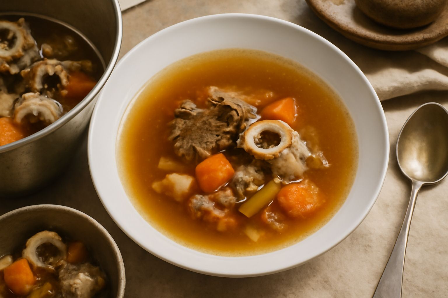 Una pentola di brodo di carne fumante color ambra dorato, con pezzi di cipolla e carota visibili, accanto a cucchiaio in legno e un piatto bianco con brodo e prezzemolo fresco