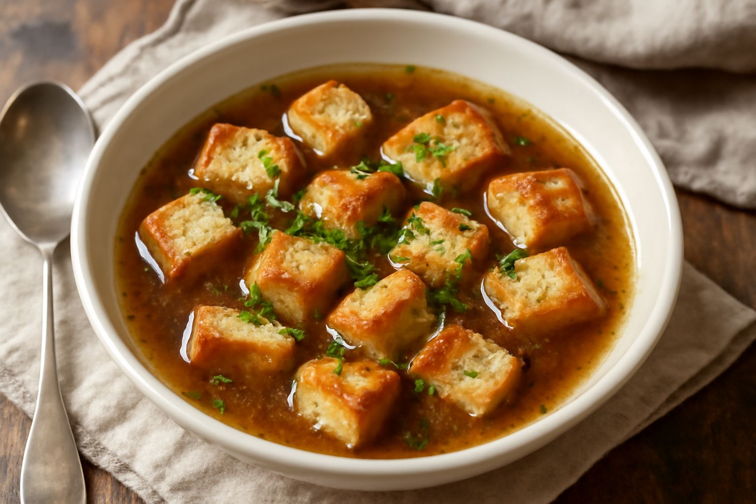 Una ciotola bianca con brodo di carne fumante, cubetti di pane tostato che galleggiano in superficie, oro scuro del brodo con gocce di grasso visibile, guarnito con prezzemolo fresco tritato
