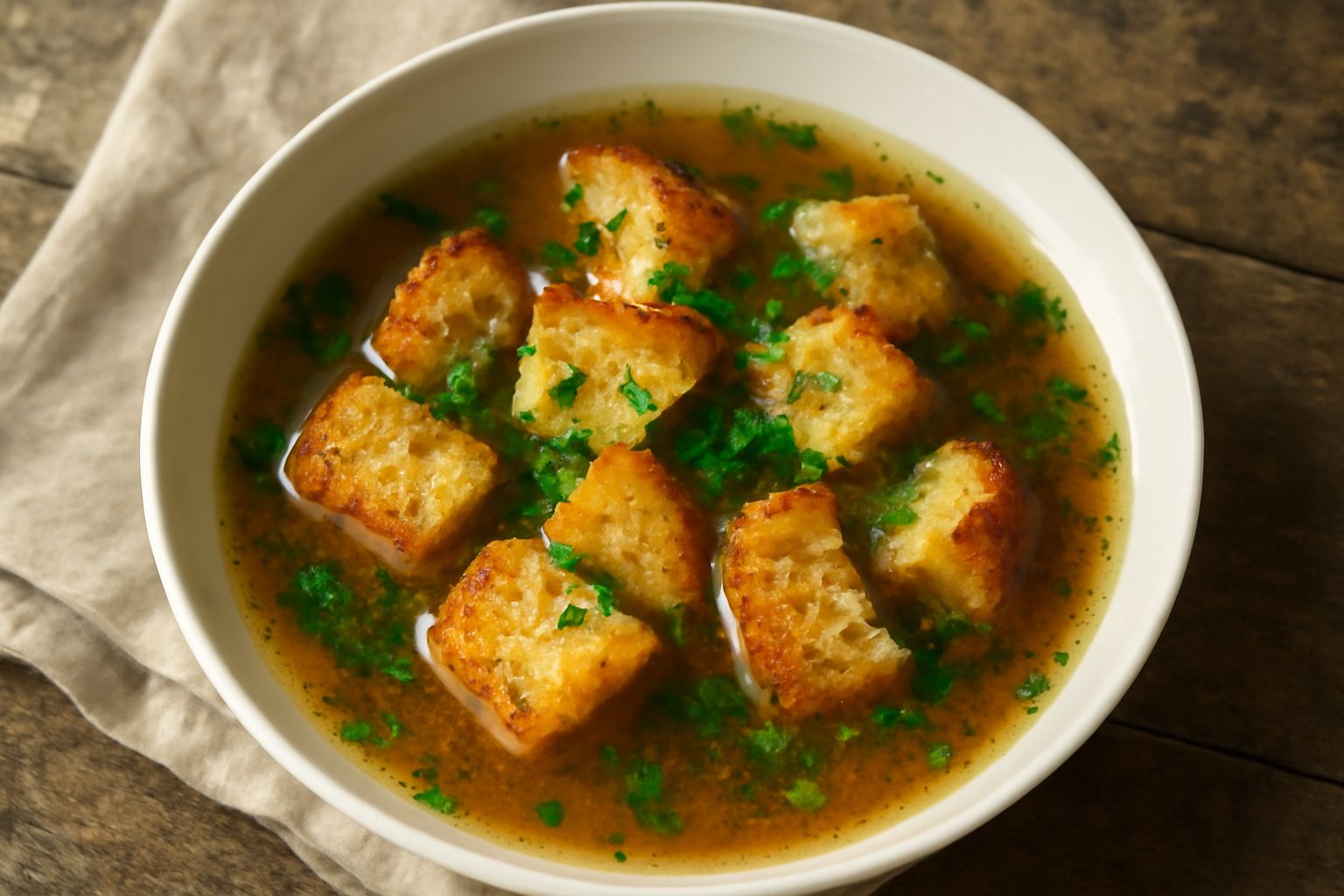 Ciotola di ceramica bianca con brodo marrone chiaro, pane raffermo tostato spezzettato galleggia in superficie, guarnito con prezzemolo fresco verde, cucchiaio di metallo appoggiato sul bordo