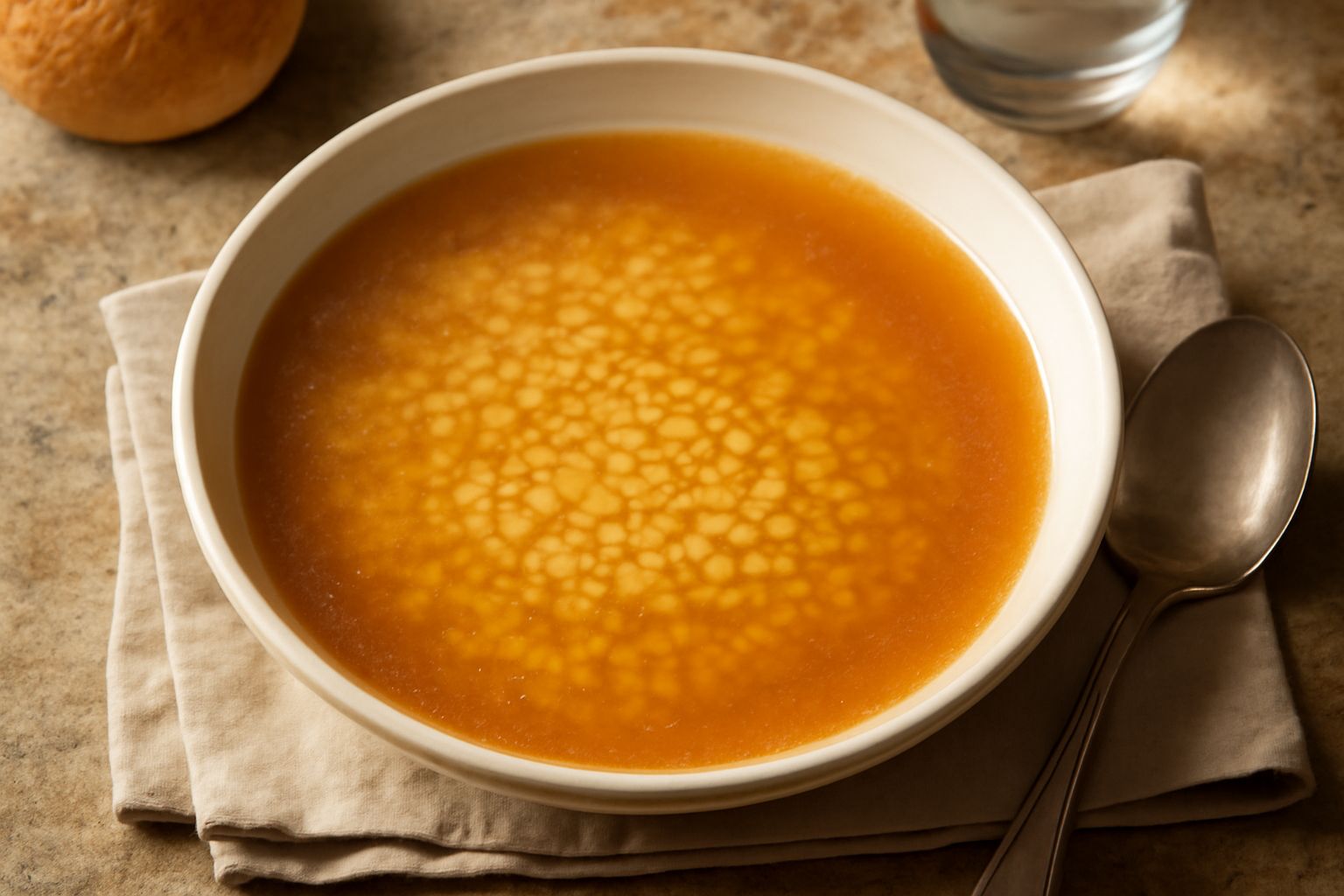 Ciotola di ceramica bianca con brodo dorato trasparente, pasta piccola (stelline o ditalini) visibile nel liquido, superficie liscia con leggero vapore, guarnizione di prezzemolo fresco tritato al cen