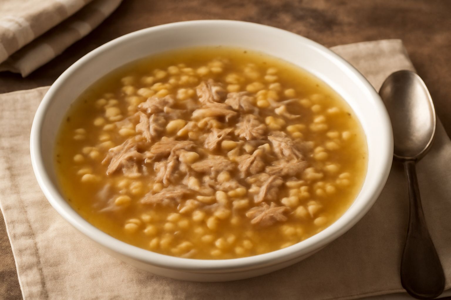 Una ciotola di ceramica bianca piena di brodo trasparente dorato, con dentro carne in pezzi morbidi, piccole paste corte (ditalini o stelline), carota e sedano visibili, vapore leggero che sale, cucch
