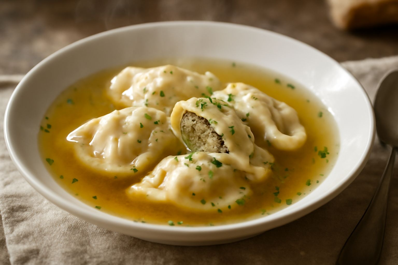 Ciotola di brodo trasparente e dorato con pasta ripiena morbida al centro, guarnita con prezzemolo fresco e parmigiano grattugiato, vapore che sale dal piatto