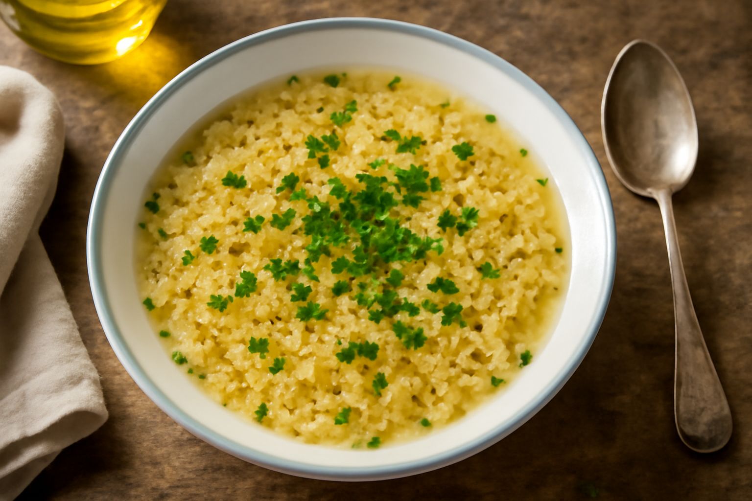 Una ciotola bianca con brodo di carne trasparente e stellette di pasta giallo paglierino galleggianti, guarnita con prezzemolo fresco tritato e servita su un piatto bianco