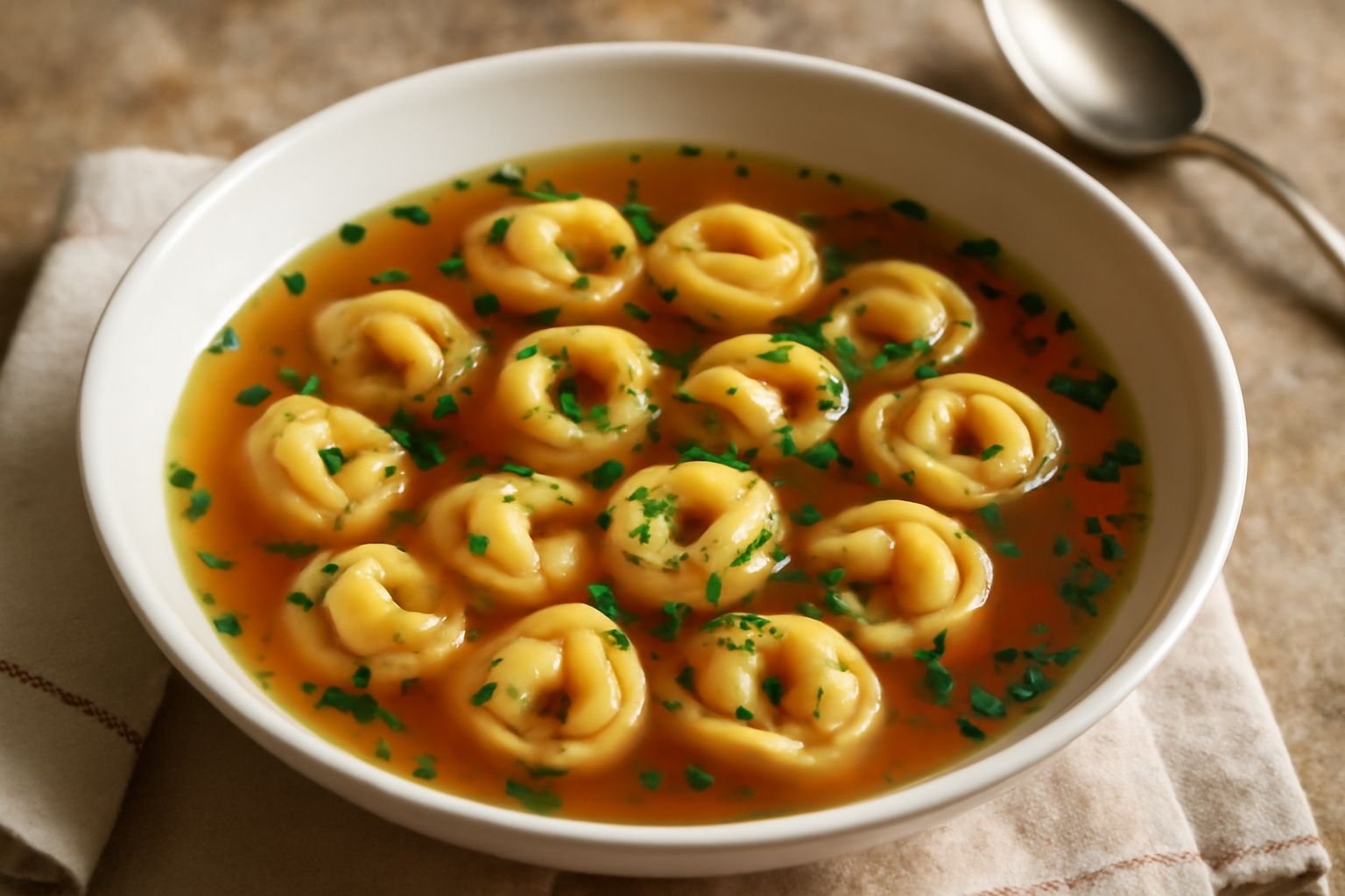 Una ciotola bianca con brodo di carne trasparente e dorato, tortellini pieni gonfi in superficie, decorati con prezzemolo fresco tritato, cucchiaio dentro il brodo, su sfondo bianco