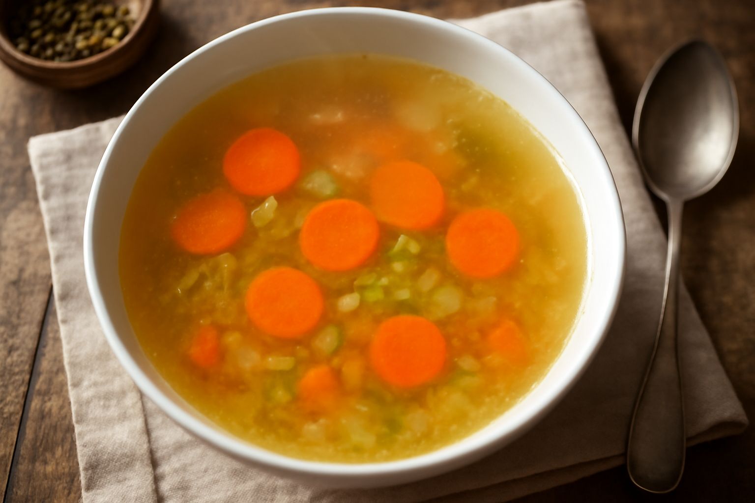 Brodo di carne trasparente e dorato in una pentola di acciaio, con carote, sedano e cipolla visibili in superficie, vapore che sale dal liquido