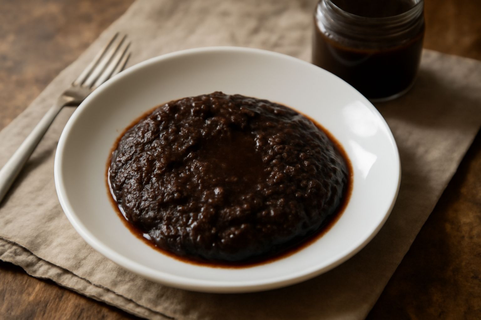 Barattolo di vetro con brodo disidratato di colore marrone scuro, compatto e brillante, con una piccola ciotola accanto contenente il brodo ricostruito fumante di color ambrato