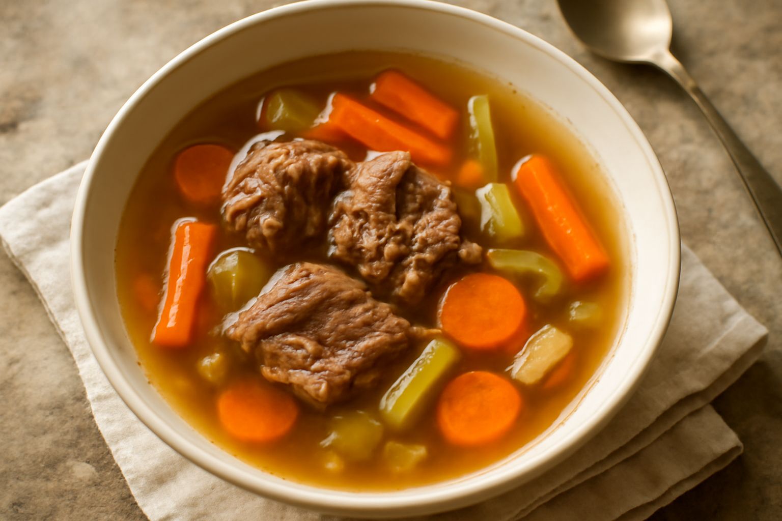 Brodo di carne ferrarese in una ciotola bianca: pezzi di carne bovina tenderi, verdure cotte come carota e sedano, brodo trasparente e leggermente ambrato, guarnito con prezzemolo fresco tritato