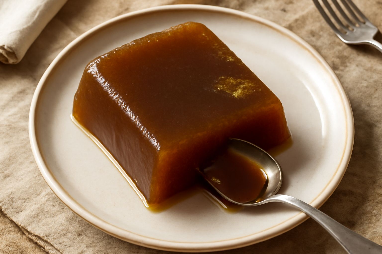 Brodo di carne gelato in una ciotola di vetro trasparente, di colore ambrato scuro, con superficie liscia e compatta, fiocchi di grasso dorato in superficie, accanto a una cucchiaiata di brodo solido