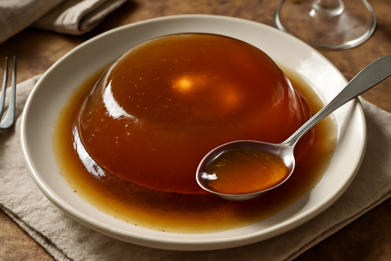 Una porzione di brodo di carne in gelata ambrato e trasparente, servito in una ciotola bianca, con cubetti di gelatina limpida e riflessi dorati alla luce