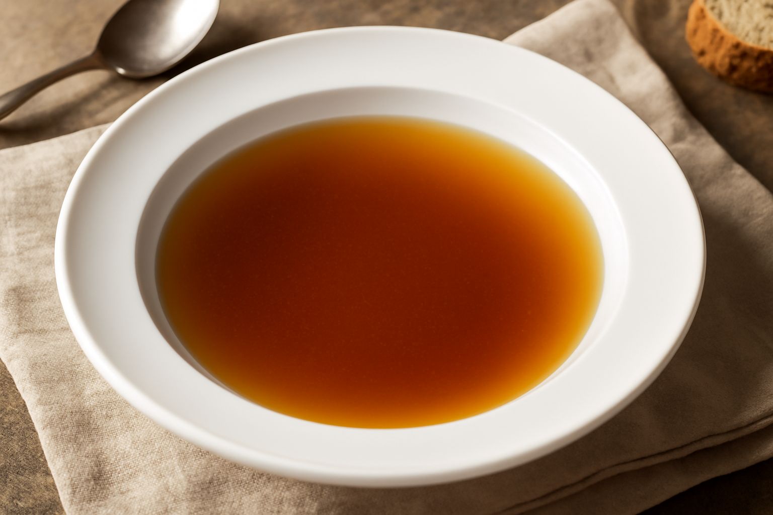 Brodo di carne trasparente e ambrato in una pentola di acciaio, con bollicine in superficie, accanto a un colino fine e erbe aromatiche fresche su un piano di marmo grigio