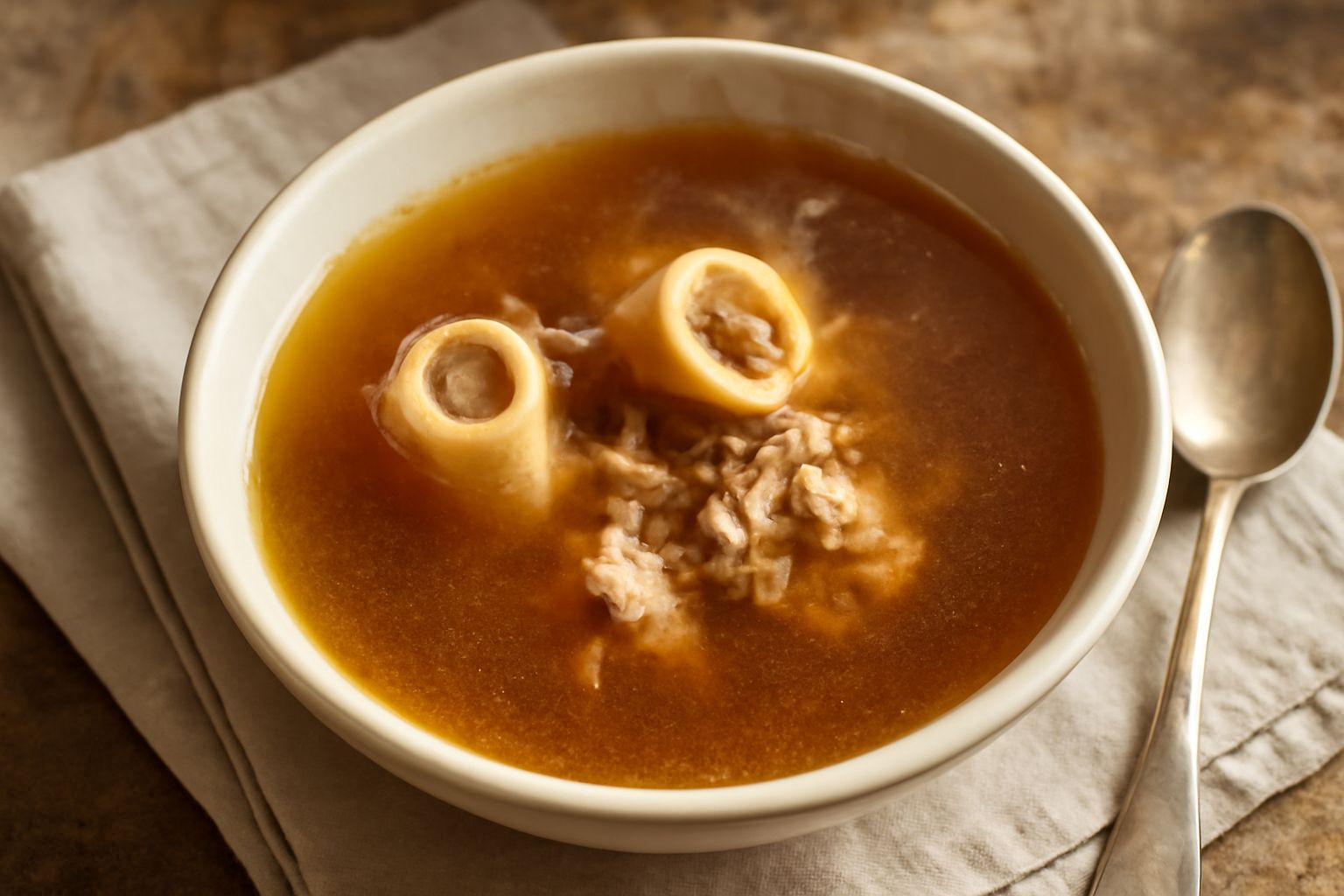 Brodo di carne in pentola di terracotta, trasparente e ambrato, con ossa galleggianti e verdure visibili, vapore leggero sulla superficie, servito in ciotola bianca con cucchiaio