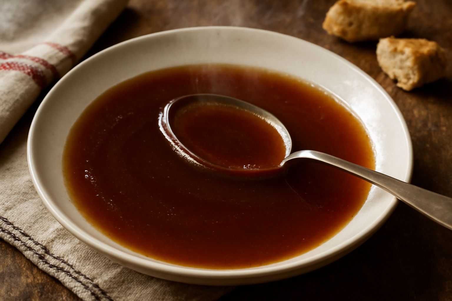 Brodo di carne ridotto in pentola di acciaio, colore ambrato scuro, consistenza densa e lucida, vapore leggero, con cucchiaio di legno immerso e alcuni pezzi di osso sullo sfondo