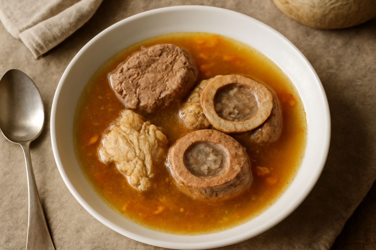 Pentola grande in acciaio con brodo trasparente color ambra, verdure immerse (carota, sedano, cipolla), fumo leggero che sale dalla superficie, cucchiaio di legno appoggiato al bordo