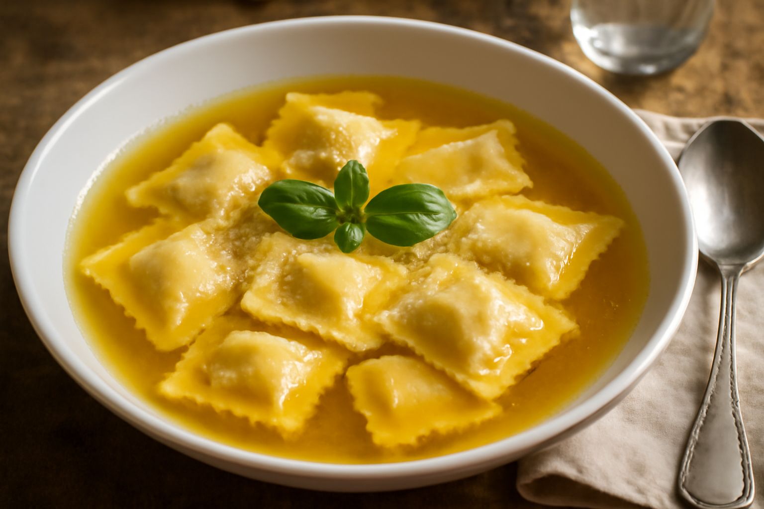 Ciotola di brodo di gallina trasparente con piccole paste quadrate ripiene di ricotta e verdure verdi, cosparse di formaggio grattugiato, vapore saliente, contorno di verdure sfumate nel brodo