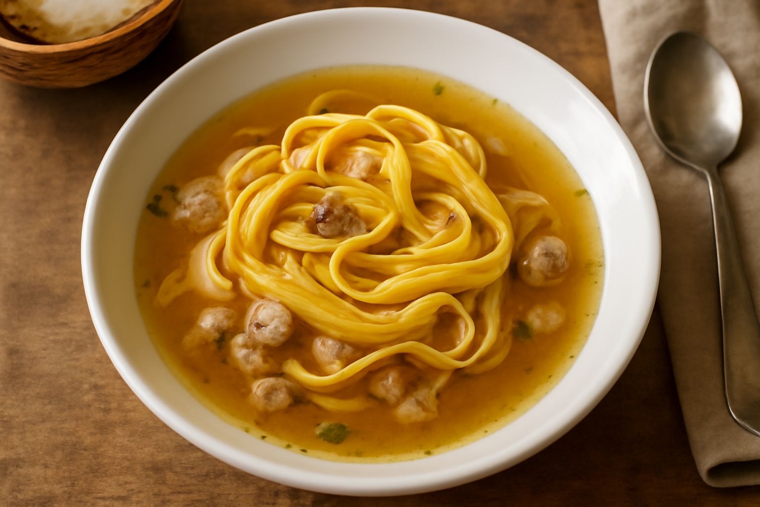 Piatto bianco con brodo trasparente color ambra, tagliatelle dorate immerse nel brodo, pezzetti di carne di gallina bianca, carota e sedano visibili, grattugia di parmigiano bianco sopra, cucchiaio di