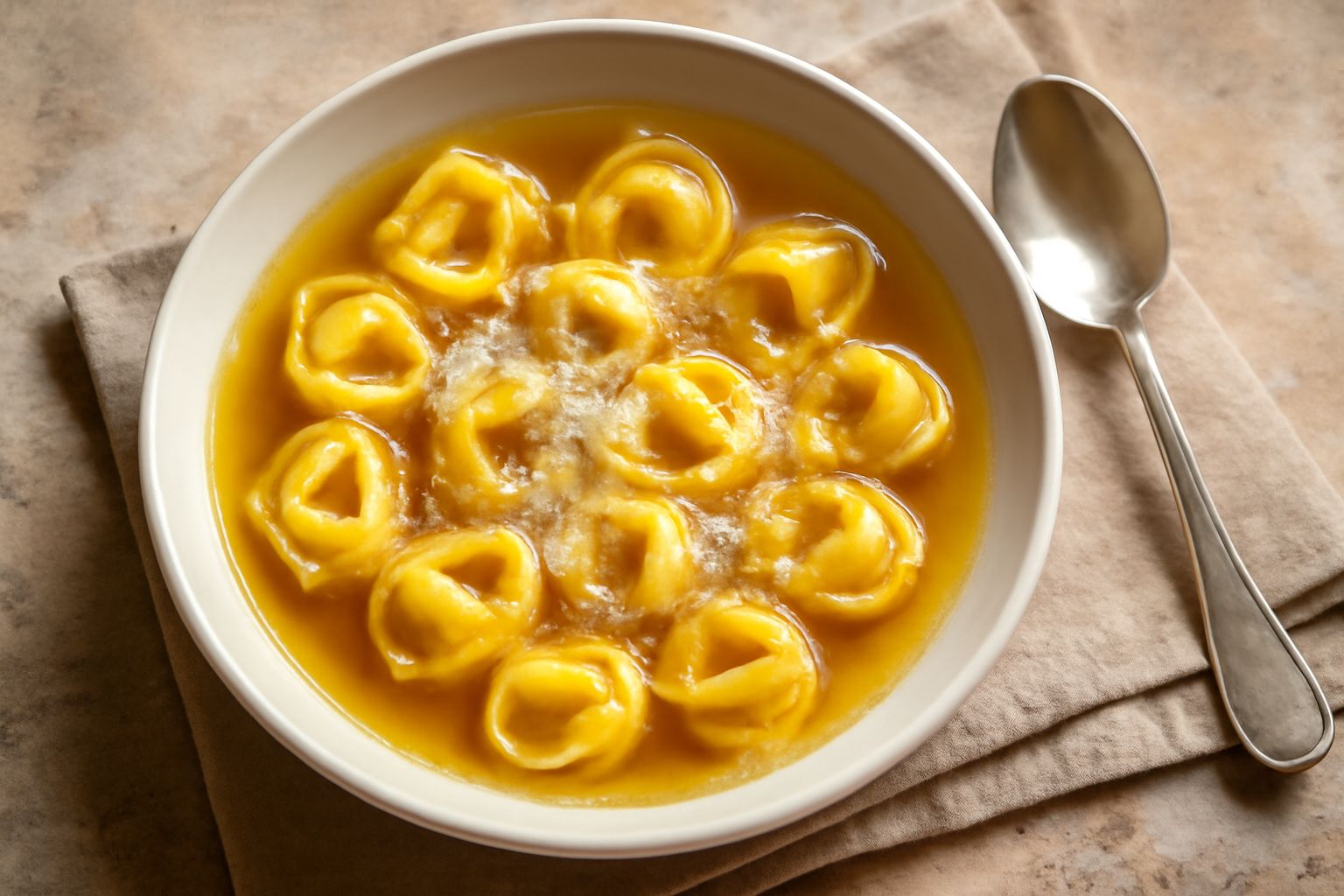 Ciotola di brodo di gallina trasparente e dorato con tortellini galleggianti riempiti, cosparsi di parmigiano grattugiato e prezzemolo fresco verde