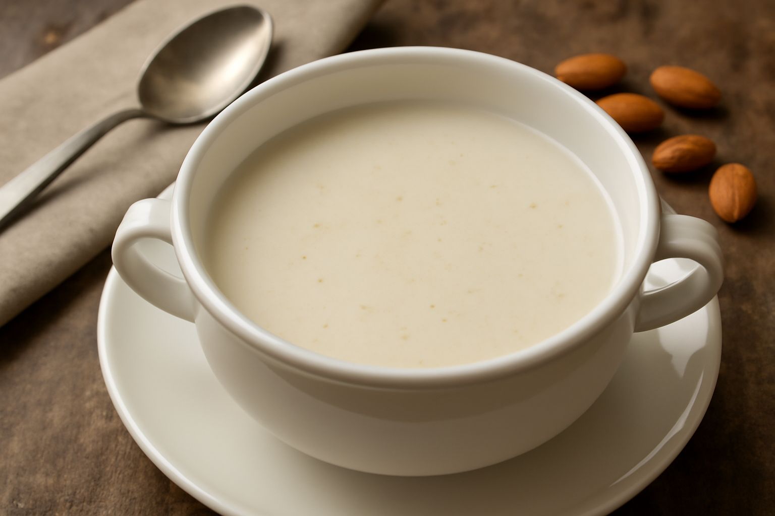 Brodo di mandorla color crema in una tazza bianca, guarnito con una manica di mandorle intere e una spolverata di cannella, con un cucchiaio immerso nel liquido denso e uniforme