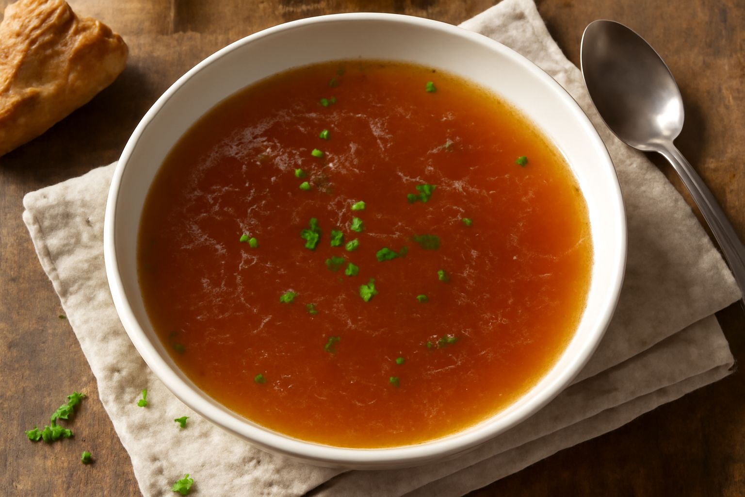 Pentola in acciaio con brodo di manzo trasparente e ambrato, vapore leggero che sale, guarnito da prezzemolo fresco e qualche goccia di grasso dorato in superficie