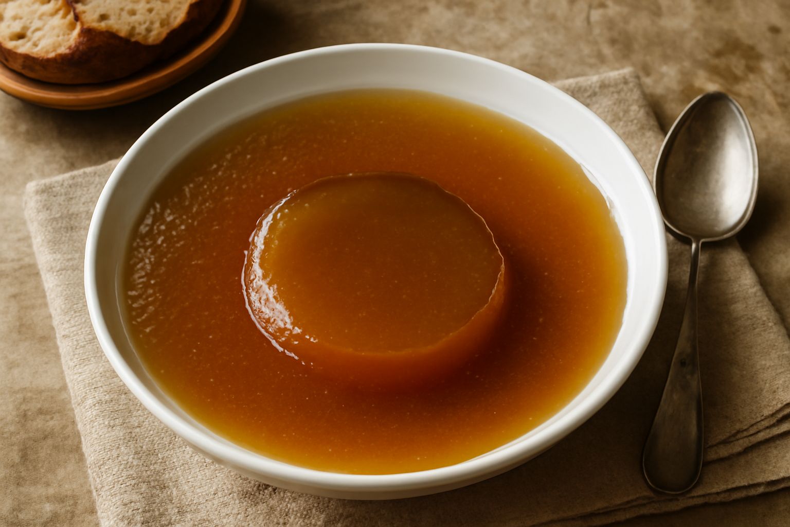 Tazza di ceramica bianca piena di brodo trasparente e dorato, ancora fumante, su un piatto bianco, con accanto un cucchiaio di metallo e una ciotola di verdure tagliate
