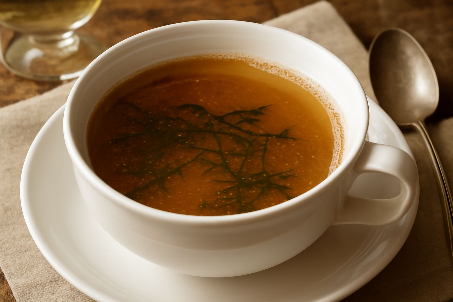 Brodo di pesce trasparente color ambra chiaro in una pentola di acciaio, con vapore che sale, guarnito con aneto fresco e qualche chicco di pepe bianco visibile nel liquido
