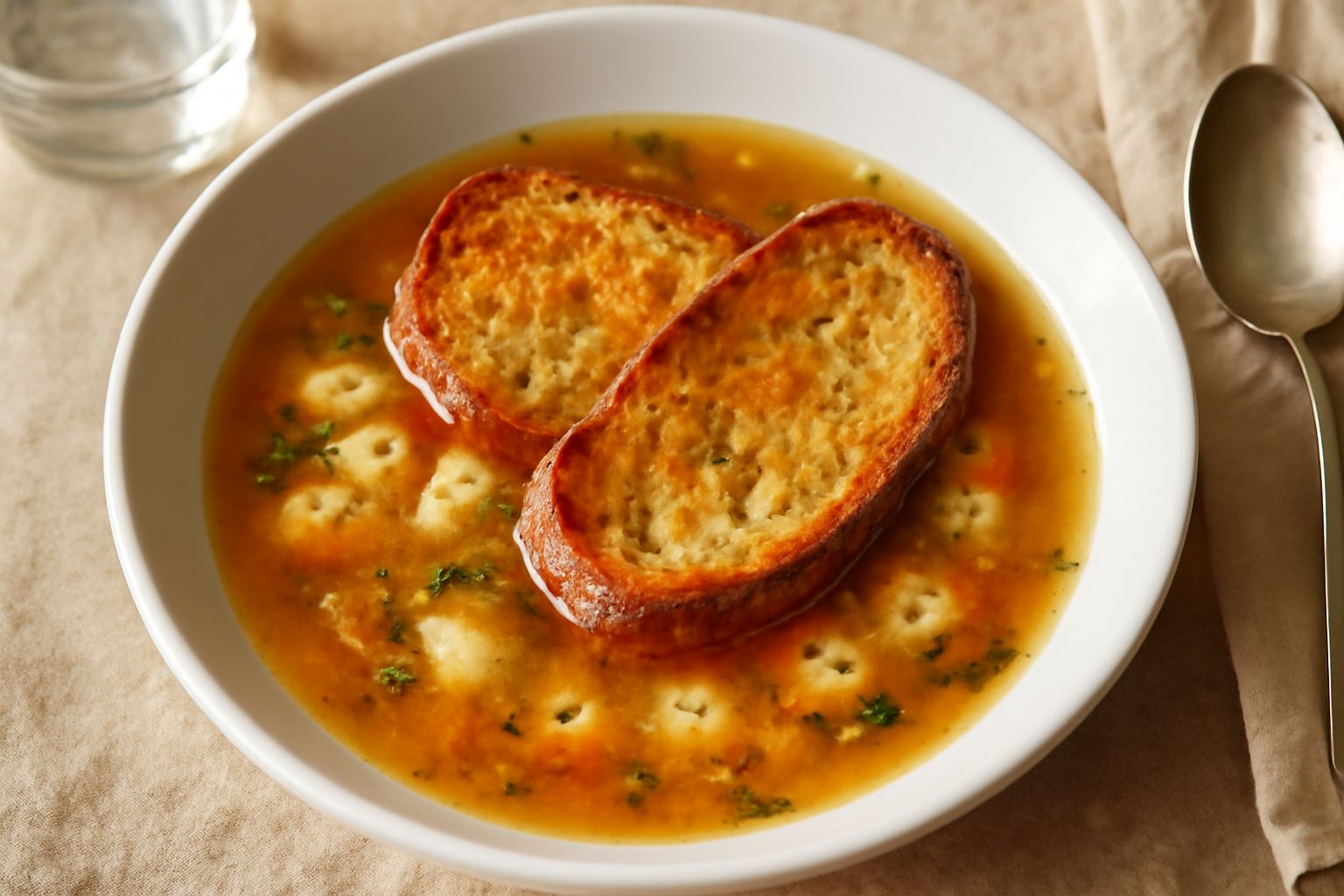 Ciotola di porcellana bianca con brodo di pesce fumante, color ambra dorato, con fette di pane tostato disposte ai bordi, condite con olio d'oliva e prezzemolo fresco tritato, su tavolo di legno chiar