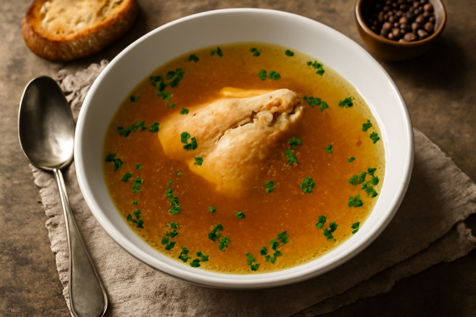 Pentola in acciaio con brodo di pollo bollente trasparente di colore ambrato chiaro, vapore che sale dalla superficie, pollo intero parzialmente immerso, cipolla e carota visibili, fuoco moderato sott