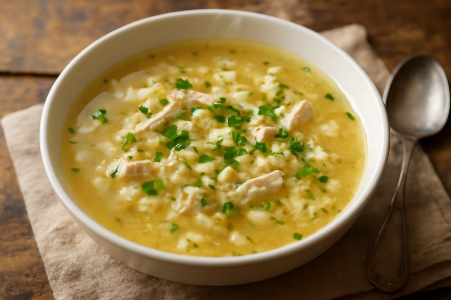 Una ciotola bianca di minestra fumante con brodo trasparente, pasta corta dorata e pezzetti di pollo, guarnita con prezzemolo fresco tritato
