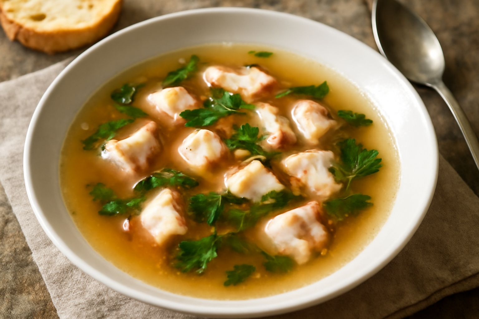 Brodo di polpo caldo in una ciotola di ceramica bianca, trasparente con tenui sfumature aranciate, pezzetti di polpo morbido visibili, prezzemolo fresco verde in superficie, vapore leggero, su un tavo