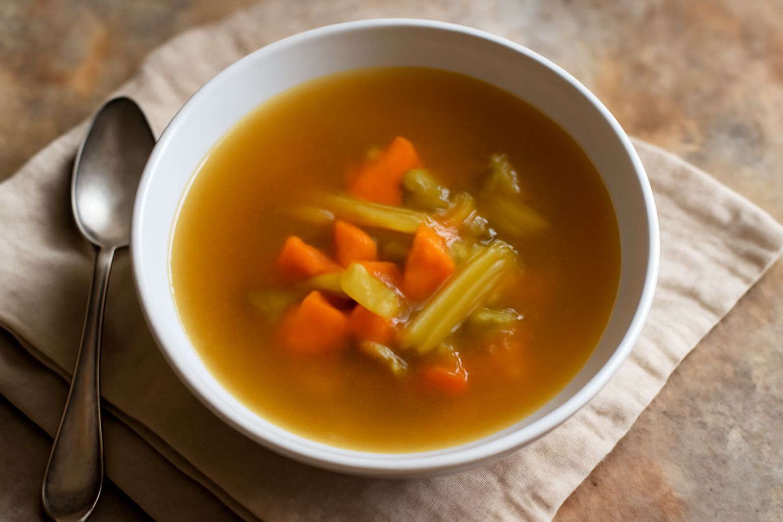 Una pentola di terracotta con brodo trasparente e dorato, con visibili gambi di verdure, pezzetti di cipolla e sedano, vapore che esce dal bordo, su una spugna da cucina beige.