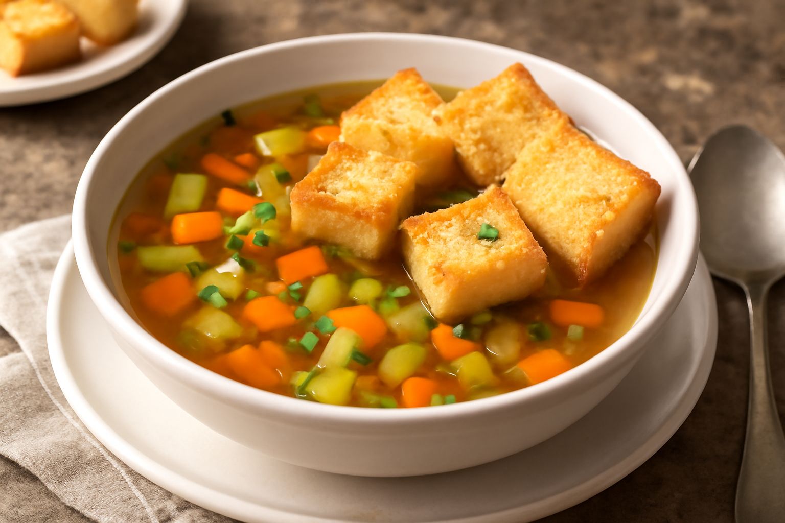 Ciotola di ceramica bianca con brodo trasparente e ambrato, verdure visibili nel liquido, crostini dorati disposti nel brodo, prezzemolo verde su crostini, cucchiaio di legno appoggiato sul bordo