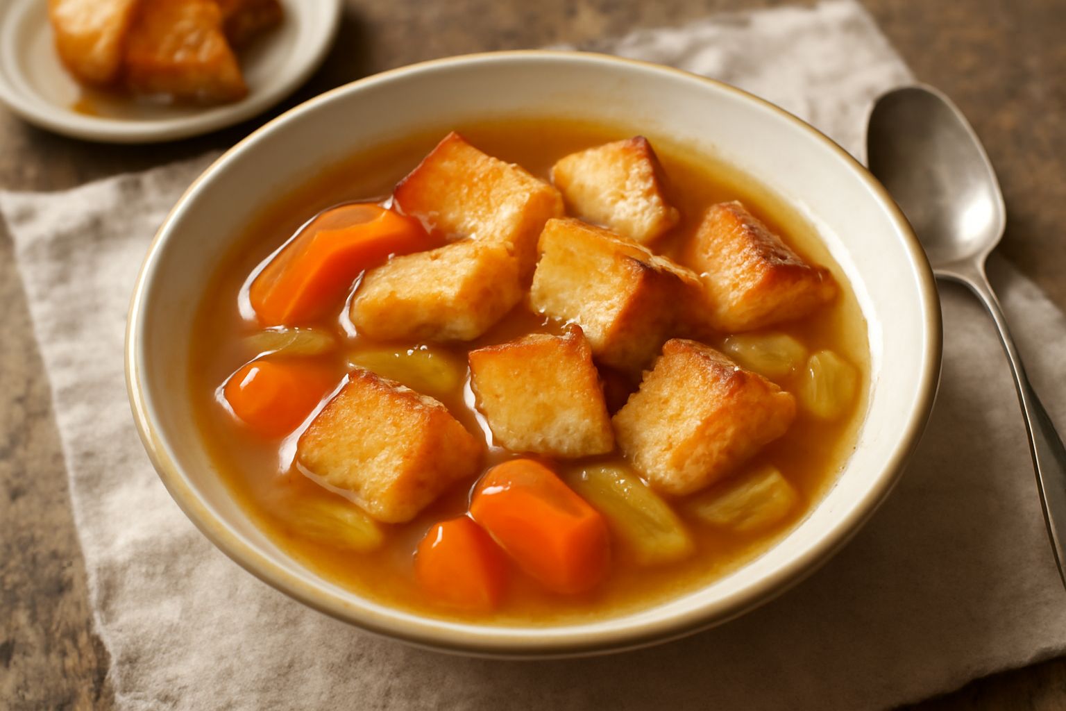 Una ciotola bianca di ceramica con brodo caldo e chiaro, pezzi di verdure colorate, fette di pane raffermo tostato e dorate che galleggiano, cibo che esce dal brodo, gocce sul bordo della ciotola, un