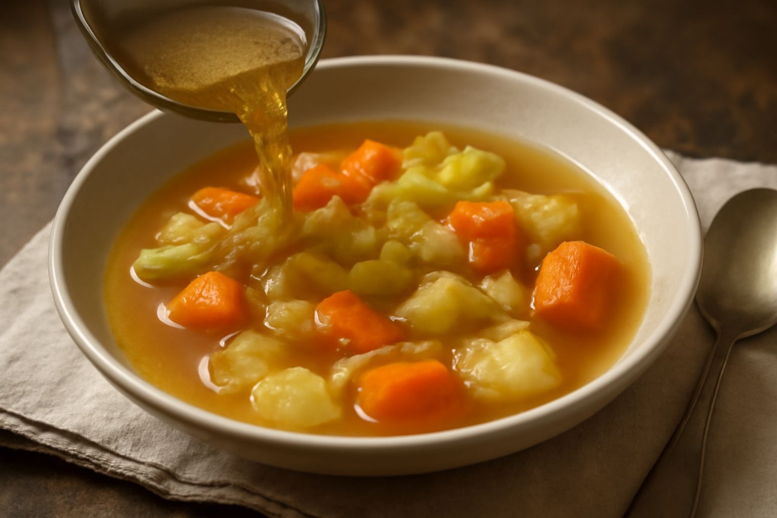 Pentola di acciaio con brodo trasparente giallo ambrato, gambi di verdure verdi che galleggiano in superficie, vapore leggero, su fiamma bassa di fornello