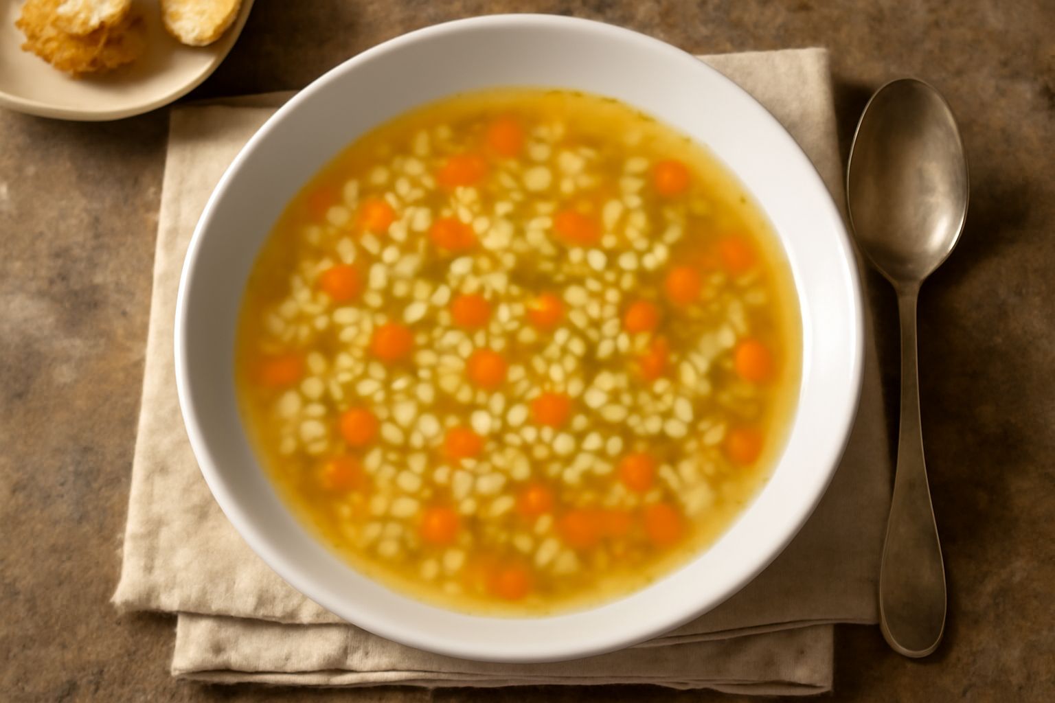 Ciotola di ceramica bianca con minestrone fumante: pasta piccola in brodo trasparente dorato, dadini di verdure colorate tra cui carota arancione e zucchina verde, prezzemolo fresco tritato in superfi