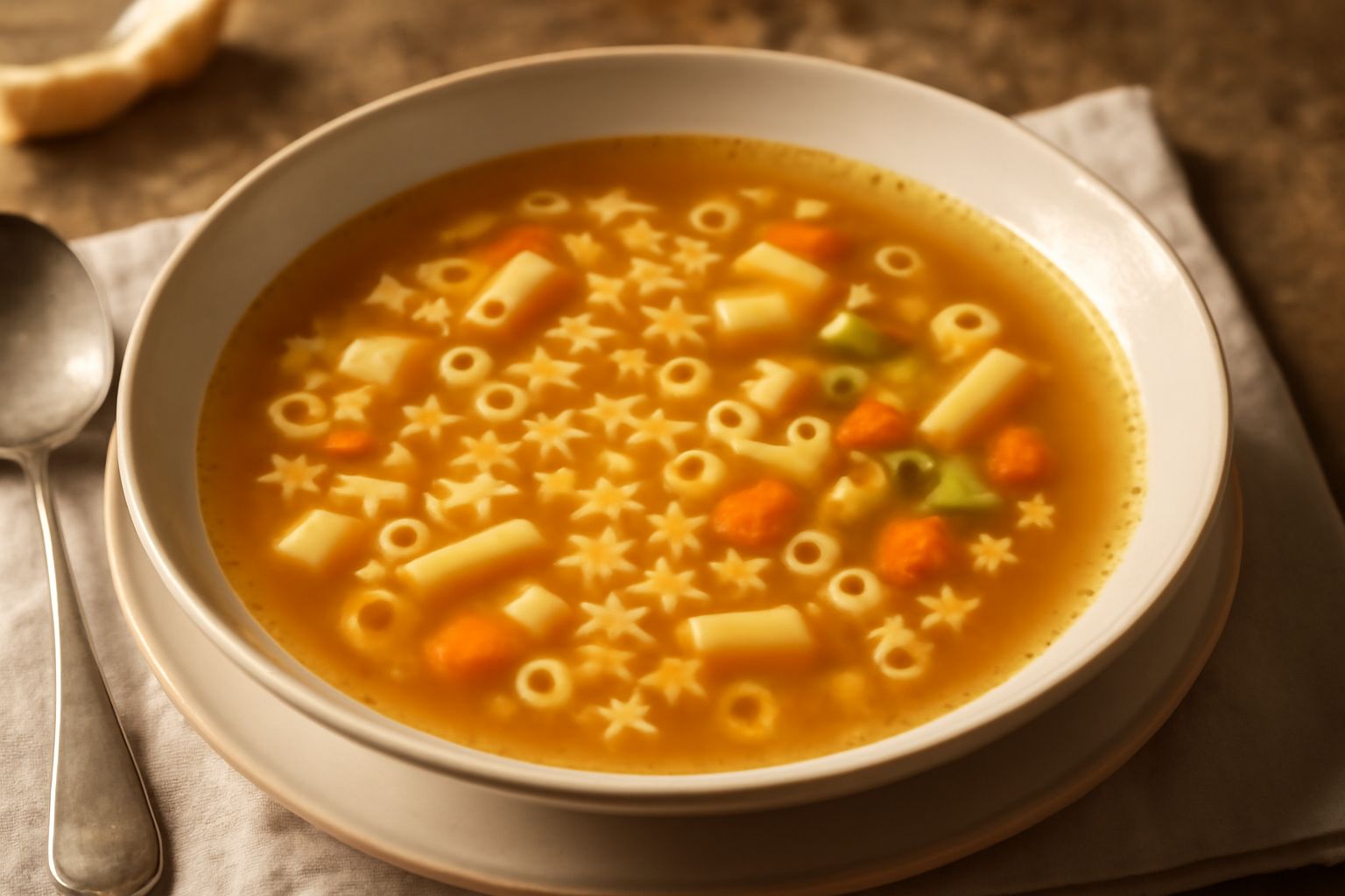 Ciotola di ceramica bianca con brodo trasparente color oro, piccole paste tipo stelline o pennettoni, carota e sedano affettati visibili, cucchiaio di metallo appoggiato al bordo, vapore leggero sulla
