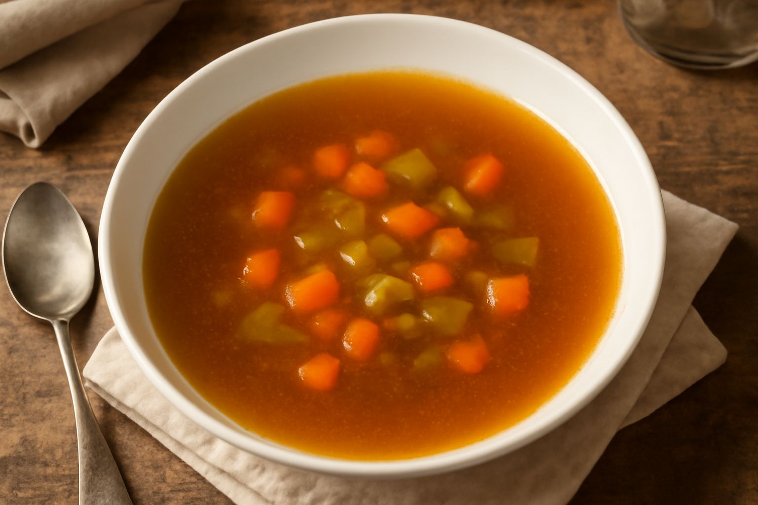 Tazza di ceramica bianca piena di brodo trasparente e denso, con gambi di sedano visibili, fette di carota arancione, piccole cipolle intere e un rametto di prezzemolo fresco adagiato sulla superficie