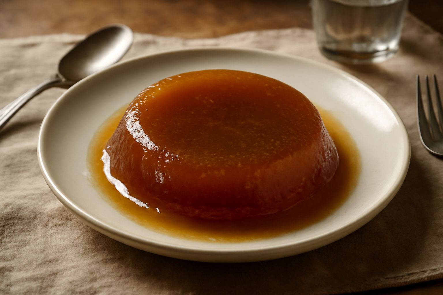 Brodo ristretto in gelatina ambra in una terrina, lucido e trasparente, con accanto una tazza di brodo caldo fumante e un mestolo di legno