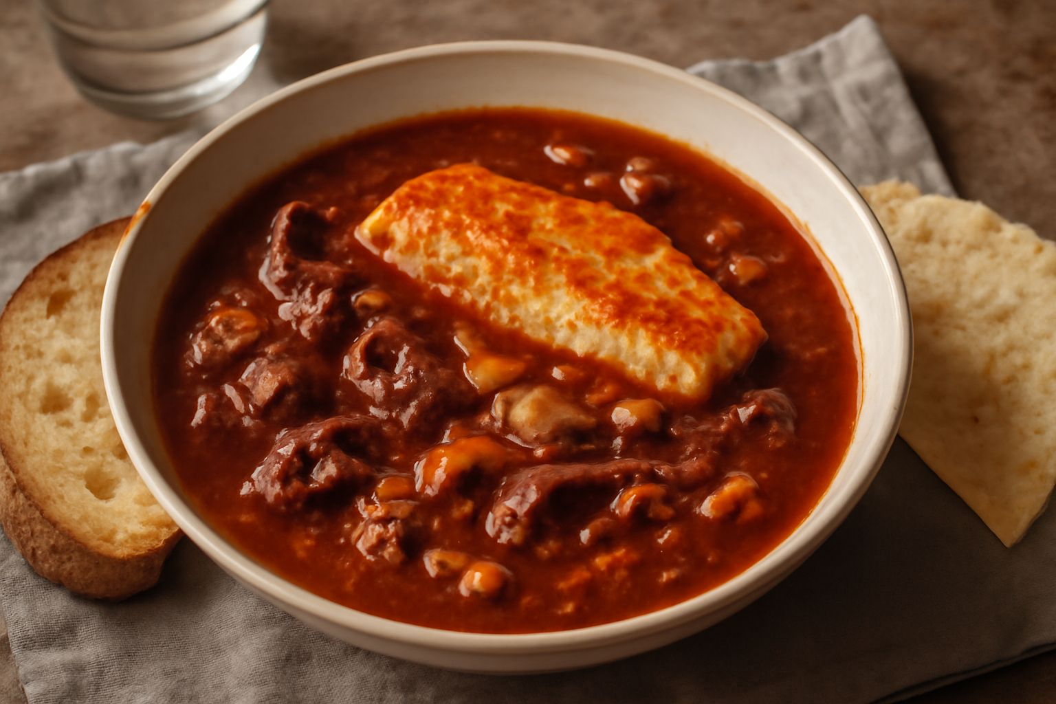 Broeto in ciotola larga di ceramica bianca: brodetto denso di colore rosso scuro, pezzi visibili di polpo e pesce grigio, fette di pane tostato sul bordo, vapore ancora caldo