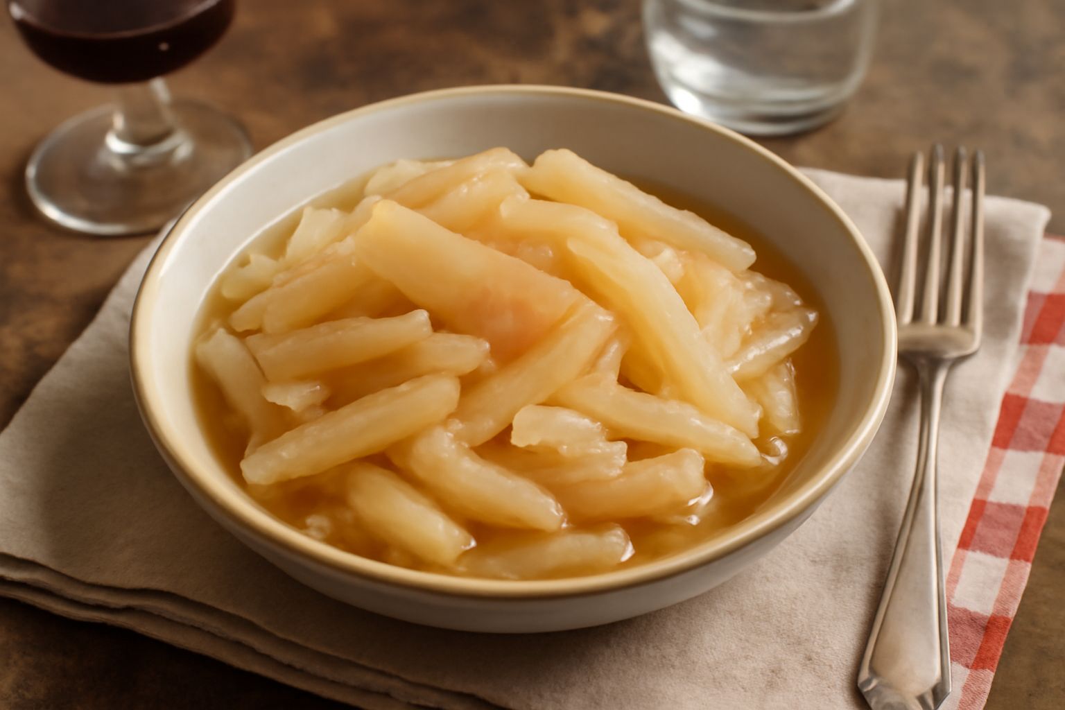 Brovada in ciotola di ceramica: pezzi di rapa biancastra e croccante in brodo leggermente rosato, con chicchi di senape visibili, su tavolo di legno con forchetta in legno