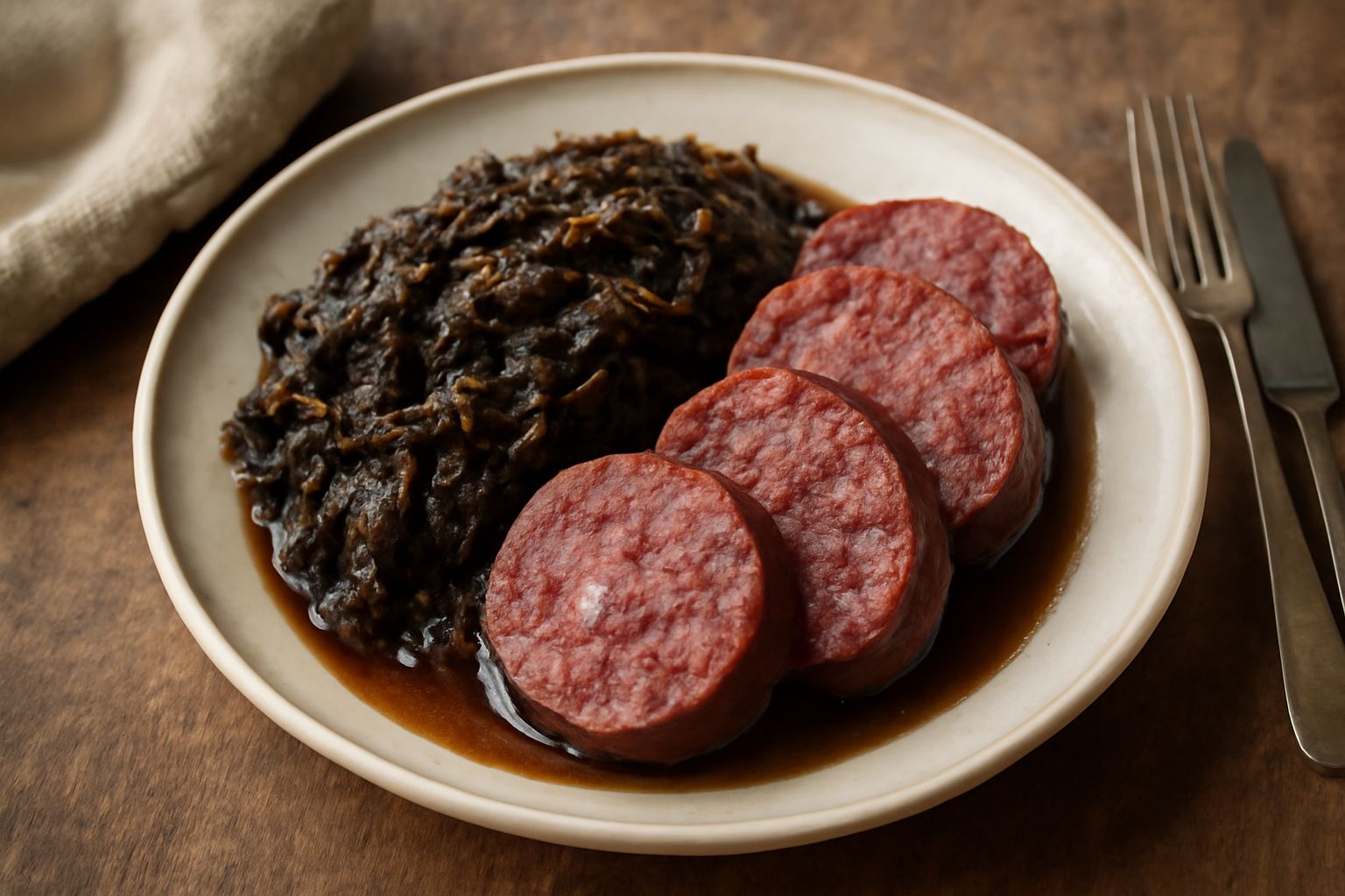 Piatto bianco con brovada marrone scura e musetto tagliato a fette, impiattamento tradizionale, pane di segale ai lati, forchetta d'argento, tavolo in legno naturale