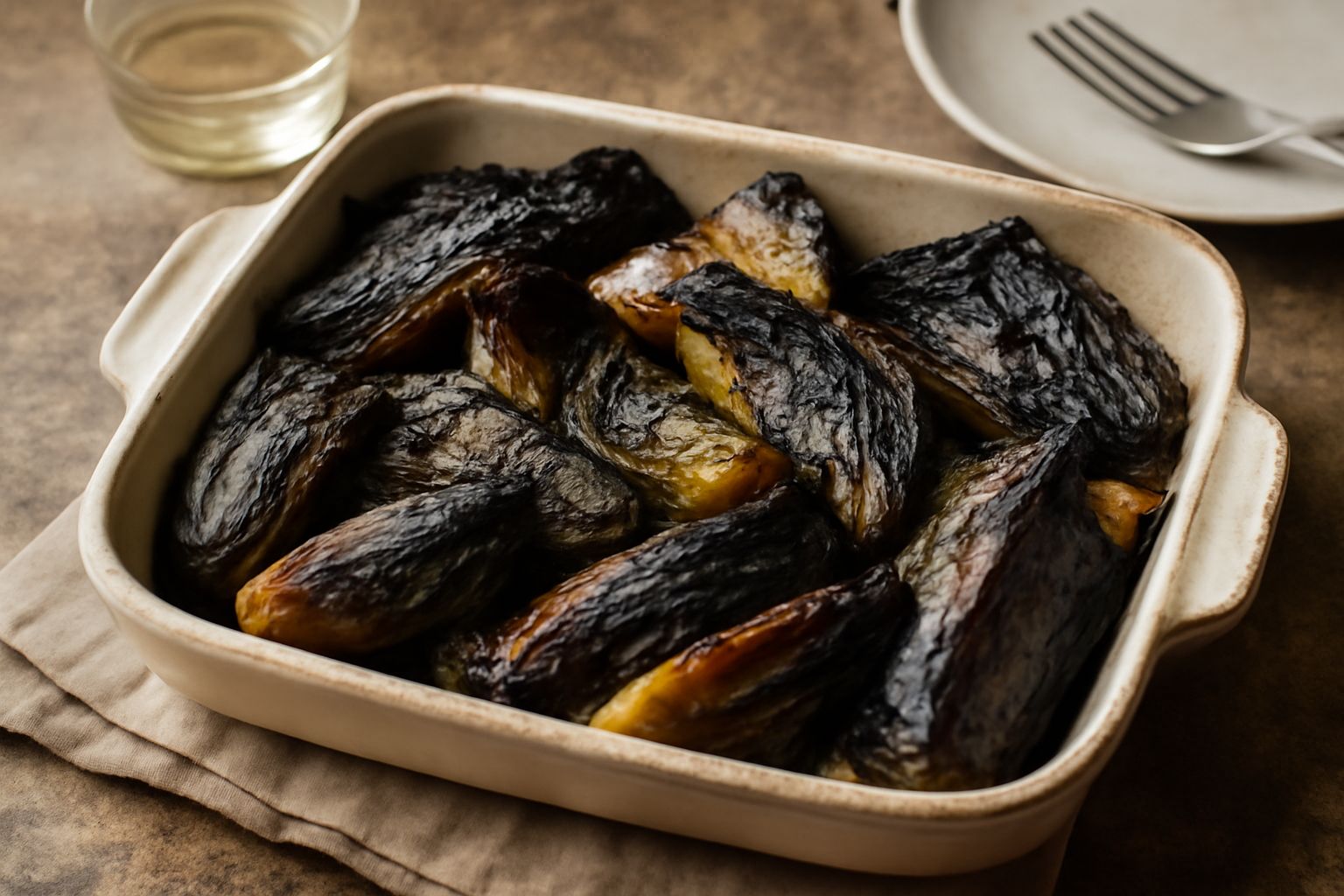 Verdure miste bruciate e caramellate in una pirofila: zucchine, melanzane e peperoni rossi con bordi anneriti, foglie di prezzemolo fresco, olio d'oliva visibile sulla superficie