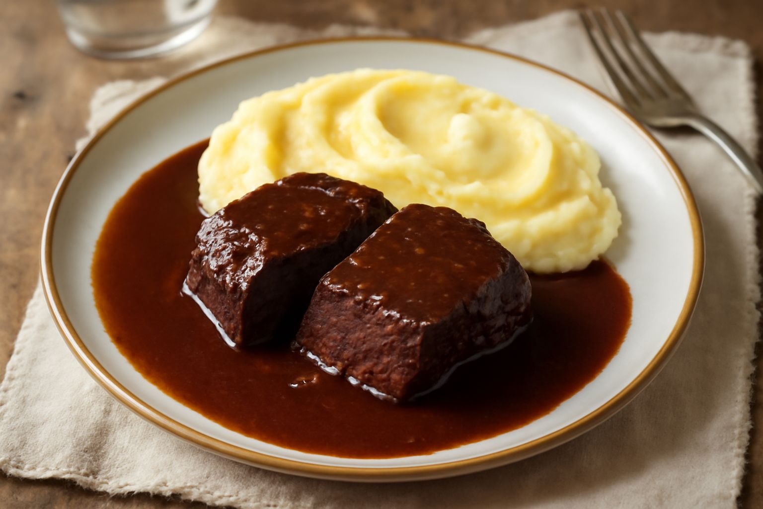 Brasato di manzo in umido con salsa di Brunello di Montalcino, servito in piatto bianco con contorno di verdure radici caramellate e bicchiere di vino rosso accanto