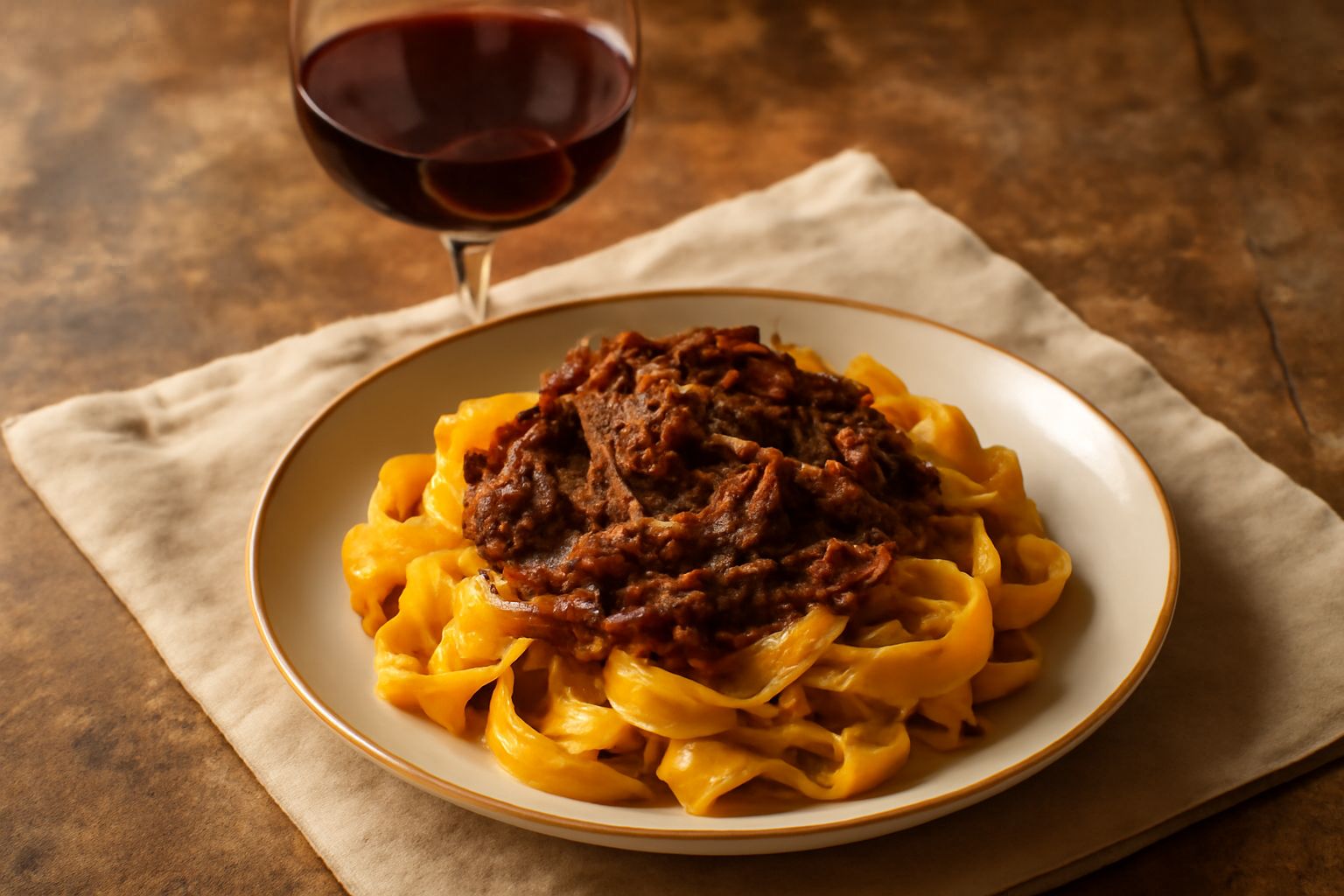 Un calice di vino rosso scuro, quasi granato, pieno a tre quarti, con sfumature rubino contro la luce, posato accanto a una bottiglia di Brunello di Montalcino etichettata, su una tavola di legno scur