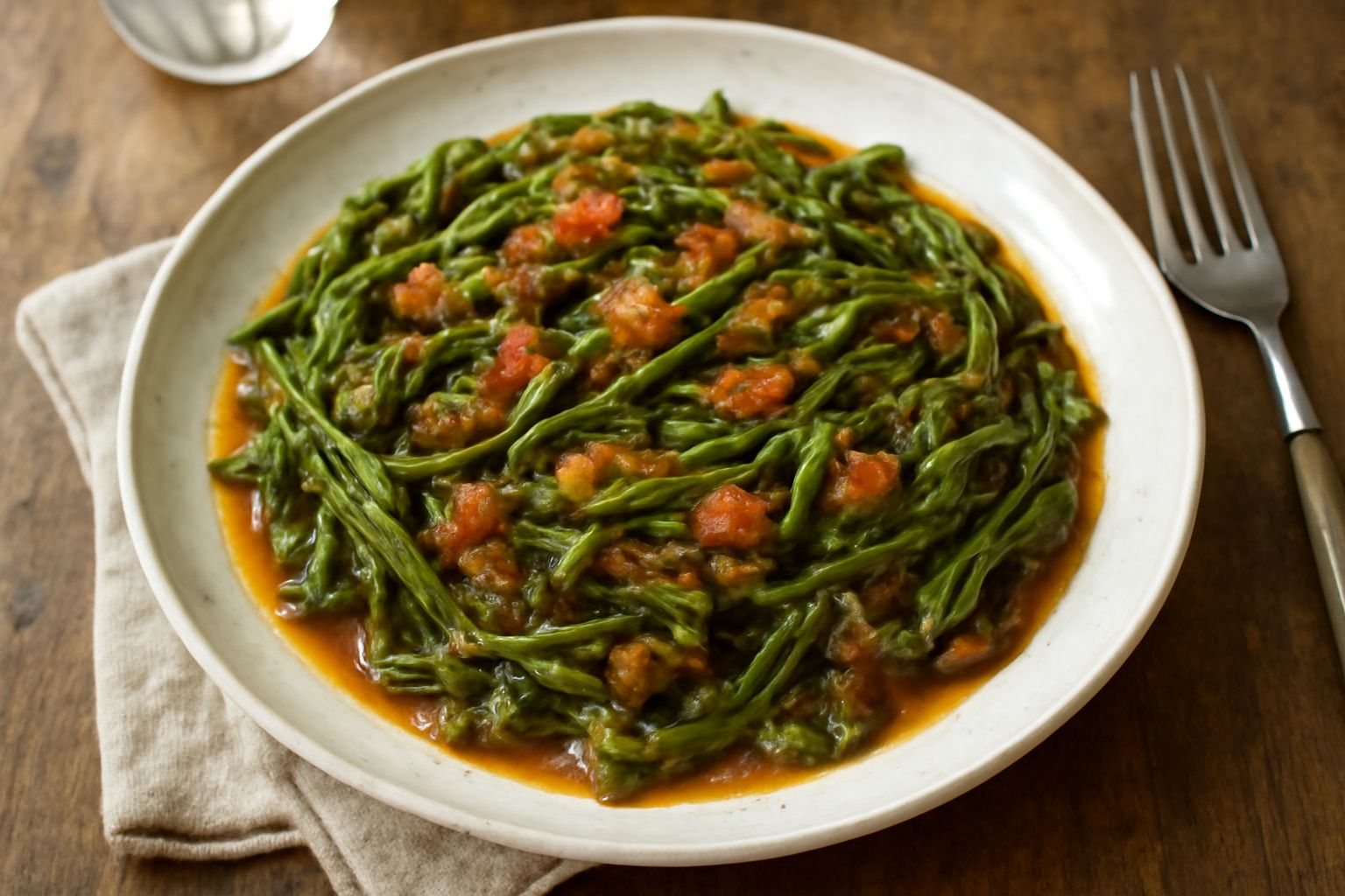 Bruscandoli in umido serviti in piatto bianco, germogli verdi e teneri ricoperti di salsa al pomodoro, cipolla in trasparenza, olio verde in superficie