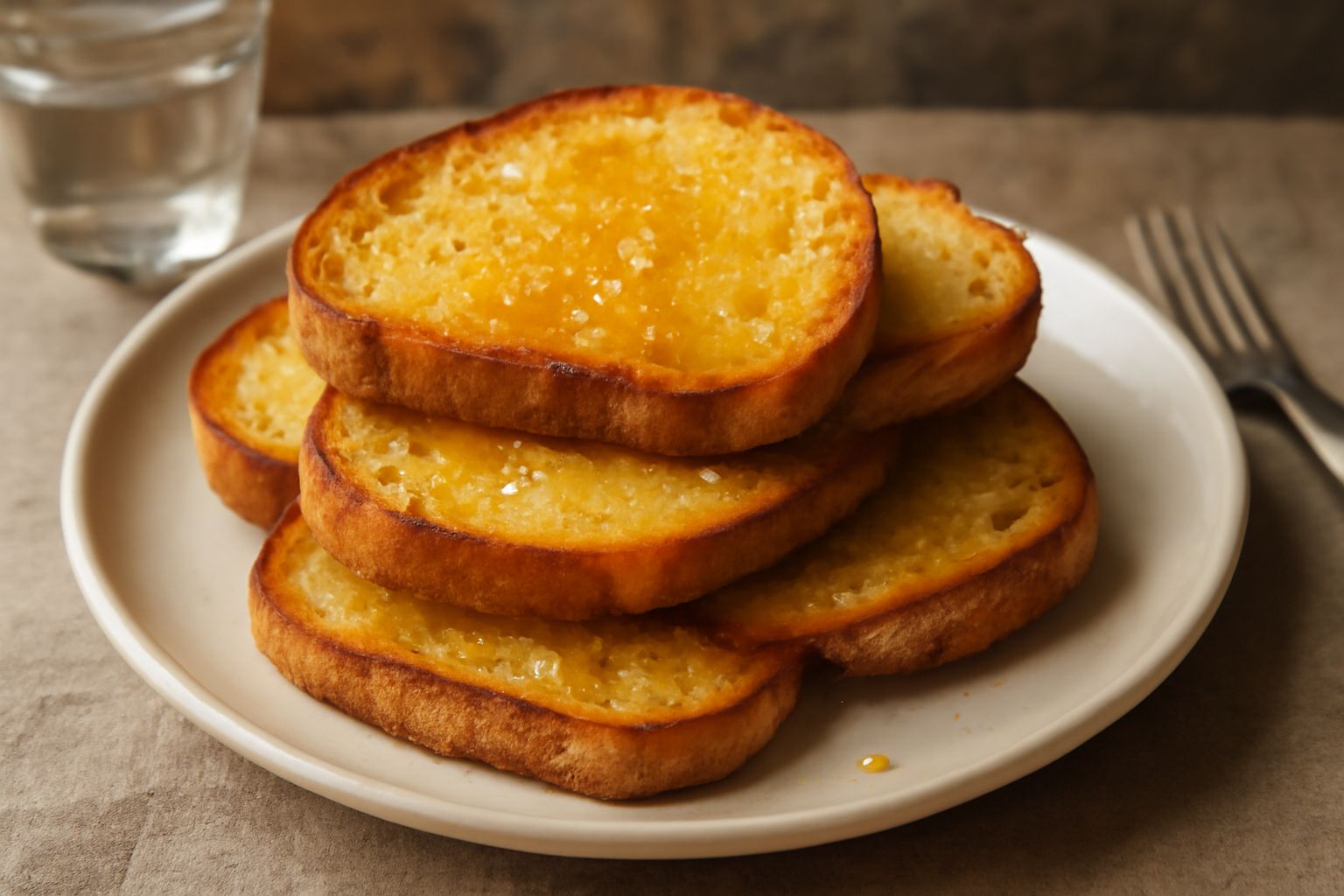 Bruscatelle dorate e croccanti impilate su un piatto bianco, con gocce di olio extravergine brillante sulla superficie e grani di sale marino grosso visibile